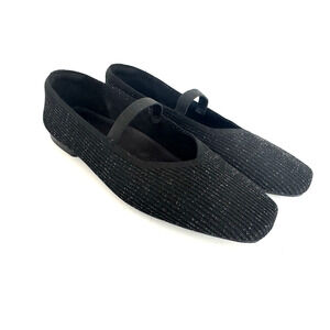 Vivaia Square Toe V-Cut Mary-Jane Flats EUR 42 US 10.5 Black Ribbed Knit Sparkle